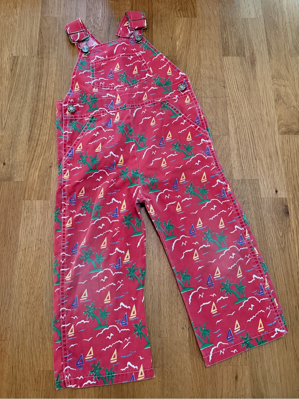 Vintage 4T Red Tropical Beach Cotton Blend Overalls